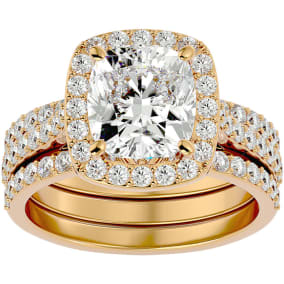 4 1/2 Carat Cushion Cut Halo Lab Grown Diamond Bridal Set In 14 Karat Yellow Gold