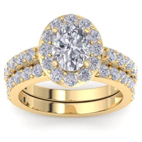 3 1/4 Carat Oval Shape Halo Lab Grown Diamond Bridal Set In 14K Yellow Gold