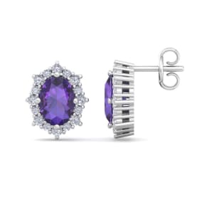 2 Carat Oval Shape Amethyst and Diamond Earrings In 14K White Gold