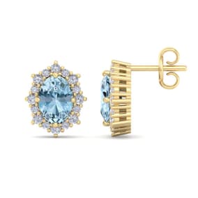 2 Carat Oval Shape Aquamarine and Diamond Earrings In 14K Yellow Gold