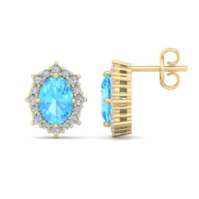 2 1/2 Carat Oval Shape Blue Topaz and Diamond Earrings In 14K Yellow Gold