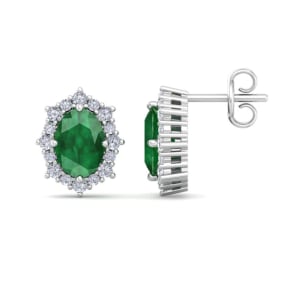2 Carat Oval Shape Emerald and Diamond Earrings In 14K White Gold