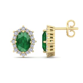 2 Carat Oval Shape Emerald and Diamond Earrings In 14K Yellow Gold