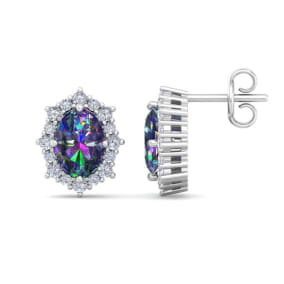 2 1/2 Carat Oval Shape Mystic Topaz and Diamond Earrings In 14K White Gold