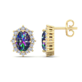 2 1/2 Carat Oval Shape Mystic Topaz and Diamond Earrings In 14K Yellow Gold