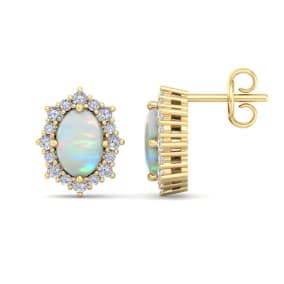 2 Carat Oval Shape Opal and Diamond Earrings In 14K Yellow Gold
