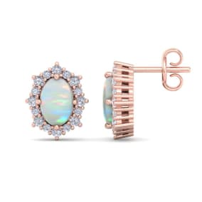 2 Carat Oval Shape Opal and Diamond Earrings In 14K Rose Gold
