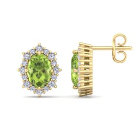2 1/2 Carat Oval Shape Peridot and Diamond Earrings In 14K Yellow Gold