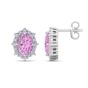 2 1/2 Carat Oval Shape Pink Topaz and Diamond Earrings In 14K White Gold