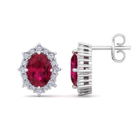 2 1/2 Carat Oval Shape Ruby and Diamond Earrings In 14K White Gold