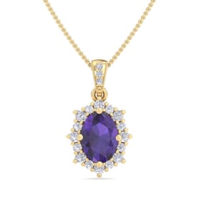 1 1/3 Carat Oval Shape Amethyst and Diamond Necklace In 14K Yellow Gold
