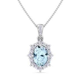 1 1/3 Carat Oval Shape Aquamarine and Diamond Necklace In 14K White Gold