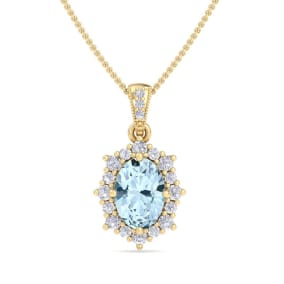 1 1/3 Carat Oval Shape Aquamarine and Diamond Necklace In 14K Yellow Gold