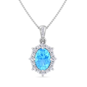 1 3/4 Carat Oval Shape Blue Topaz and Diamond Necklace In 14K White Gold