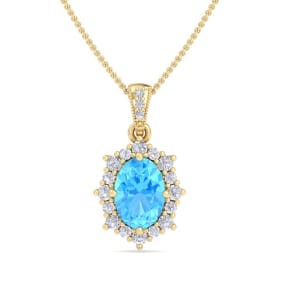 1 3/4 Carat Oval Shape Blue Topaz and Diamond Necklace In 14K Yellow Gold