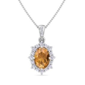 1 1/3 Carat Oval Shape Citrine and Diamond Necklace In 14K White Gold
