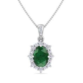 1-1/3 Carat Oval Shape Emerald Necklaces With Diamond Halo In 14 Karat White Gold, 18 Inch Chain