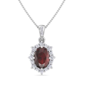1 3/4 Carat Oval Shape Garnet and Diamond Necklace In 14K White Gold