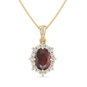 1 3/4 Carat Oval Shape Garnet and Diamond Necklace In 14K Yellow Gold