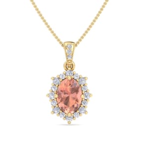1-1/3 Carat Oval Shape Morganite Necklace With Fancy Diamond Halo In 14K Yellow Gold With 18 Inch Chain