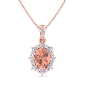 1-1/3 Carat Oval Shape Morganite Necklace With Fancy Diamond Halo In 14K Rose Gold With 18 Inch Chain