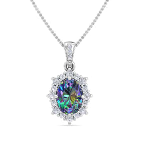 1-3/4 Carat Oval Shape Mystic Topaz Necklace With Diamond Halo In 14 Karat White Gold, 18 Inches