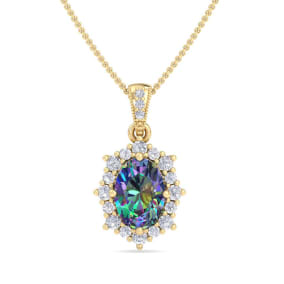 1-3/4 Carat Oval Shape Mystic Topaz Necklace With Diamond Halo In 14 Karat Yellow Gold, 18 Inches