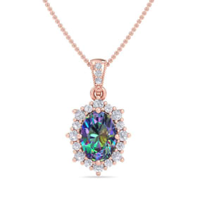 1-3/4 Carat Oval Shape Mystic Topaz Necklace With Diamond Halo In 14 Karat Rose Gold, 18 Inches