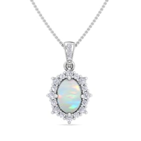 1-1/3 Carat Oval Shape Opal and Diamond Necklace In 14K White Gold