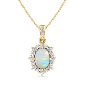 1-1/3 Carat Oval Shape Opal and Diamond Necklace In 14K Yellow Gold