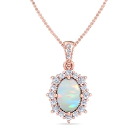 1-1/3 Carat Oval Shape Opal and Diamond Necklace In 14K Rose Gold