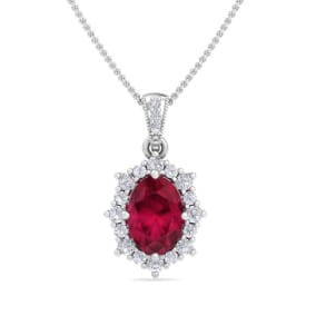 1 3/4 Carat Oval Shape Ruby and Diamond Necklace In 14K White Gold