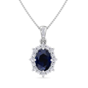 1 3/4 Carat Oval Shape Sapphire and Diamond Necklace In 14K White Gold