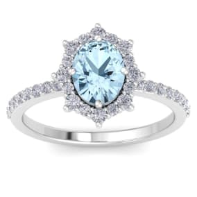 1 1/2 Carat Oval Shape Aquamarine and Diamond Ring In 14K White Gold