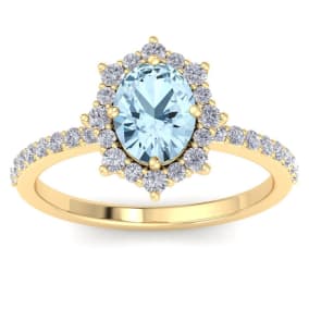 1 1/2 Carat Oval Shape Aquamarine and Diamond Ring In 14K Yellow Gold