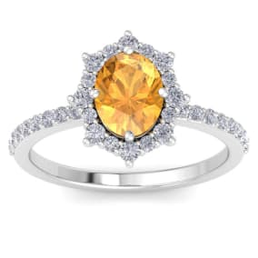 1 1/2 Carat Oval Shape Citrine and Diamond Ring In 14K White Gold