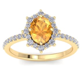 1 1/2 Carat Oval Shape Citrine and Diamond Ring In 14K Yellow Gold
