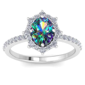 2 Carat Oval Shape Mystic Topaz Ring With Diamond Halo In 14 Karat White Gold