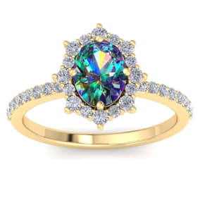 2 Carat Oval Shape Mystic Topaz Ring With Diamond Halo In 14 Karat Yellow Gold