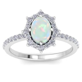 1-1/2 Carat Oval Shape Opal Ring and Diamond Halo In 14K White Gold