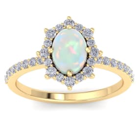 1-1/2 Carat Oval Shape Opal Ring and Diamond Halo In 14K Yellow Gold