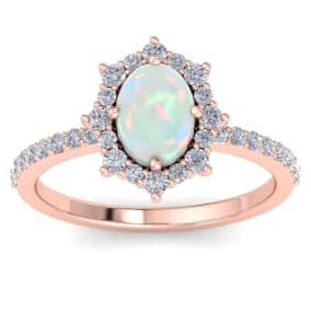 1-1/2 Carat Oval Shape Opal Ring and Diamond Halo In 14K Rose Gold