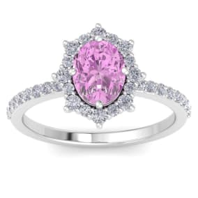 2 Carat Oval Shape Pink Topaz and Diamond Ring In 14K White Gold