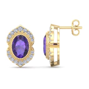 2 Carat Oval Shape Amethyst and Diamond Earrings In 14K Yellow Gold