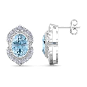 2 Carat Oval Shape Aquamarine and Diamond Earrings In 14K White Gold
