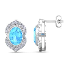 2 1/2 Carat Oval Shape Blue Topaz and Diamond Earrings In 14K White Gold