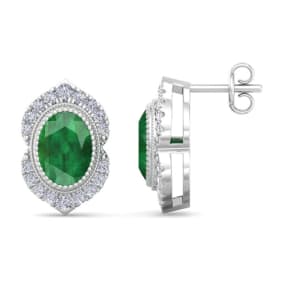 2 Carat Oval Shape Emerald and Diamond Earrings In 14K White Gold