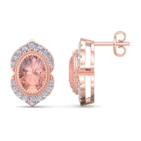 2 Carat Oval Shape Morganite Earrings with Fancy Diamond Halo In 14K Rose Gold