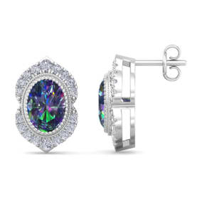 2 1/2 Carat Oval Shape Mystic Topaz and Diamond Earrings In 14K White Gold