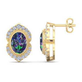 2 1/2 Carat Oval Shape Mystic Topaz and Diamond Earrings In 14K Yellow Gold
